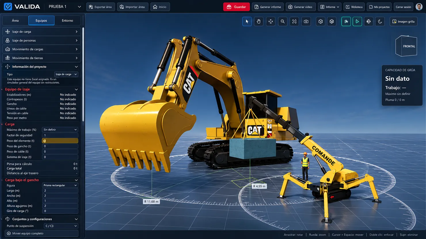 Vista de referencia de una interfaz de simulación 3D con maquinaria